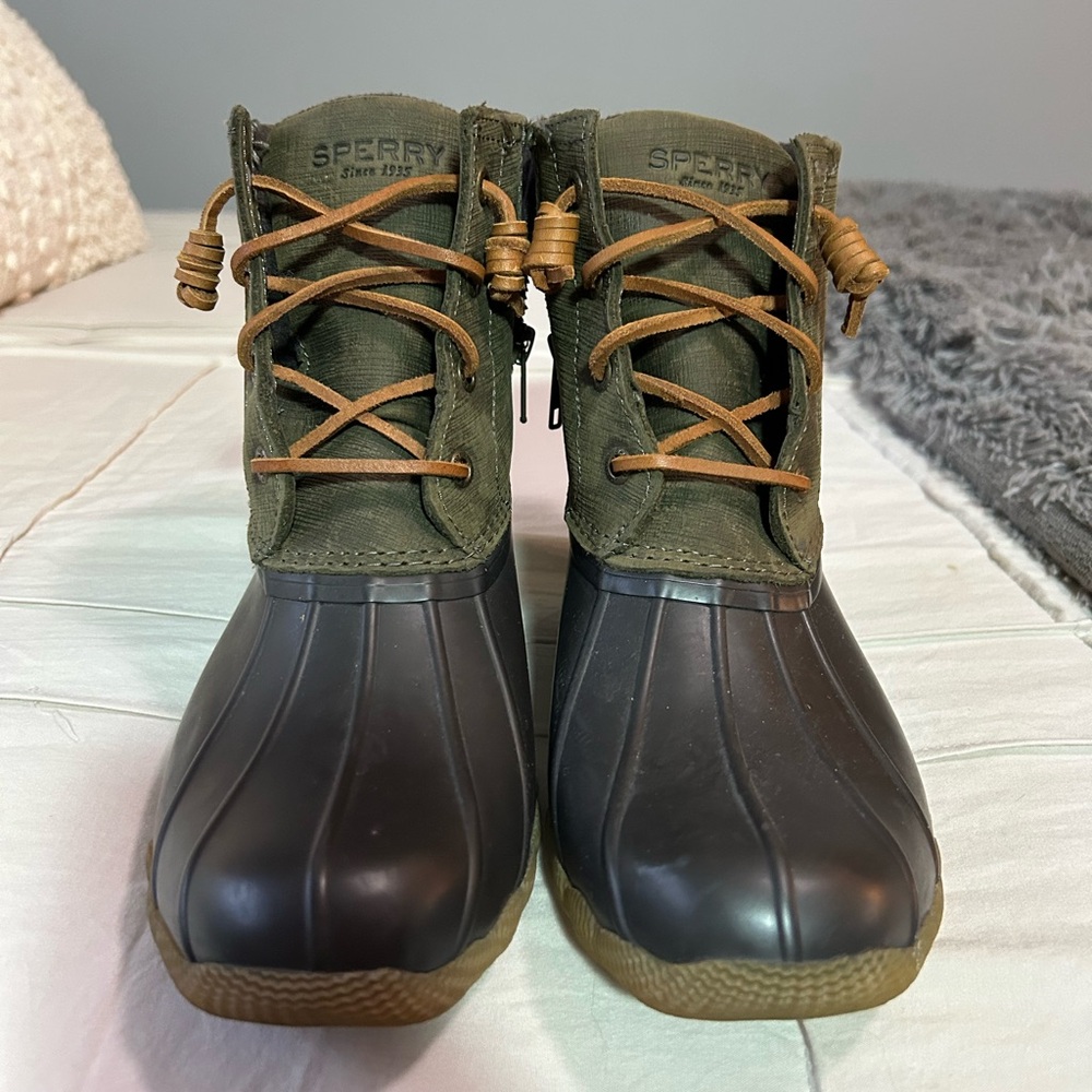 Sperry Olive and Dark Brown Duck Boots